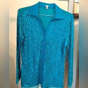 Teal sequin long sleeve shirt. Western, rodeo.